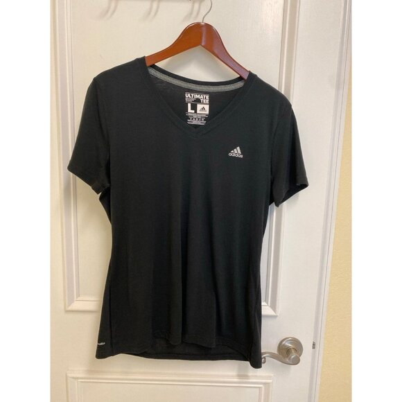 Adidas Black V-Neck Climalite Ultimate Tee Athletic Workout Shirt Ladies Large - Picture 1 of 6